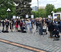 Pro-Medicaid protestors dominate Gabe Evans' press conference on Trump budget bill, May 29, 2025.