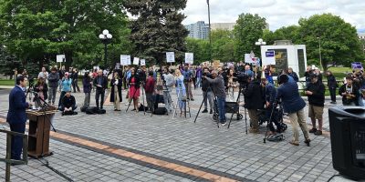 Pro-Medicaid protestors dominate Gabe Evans' press conference on Trump budget bill, May 29, 2025.