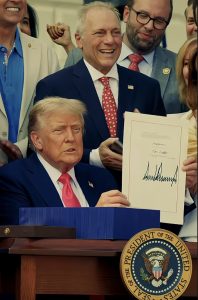 Trump Holds Up Signed Budget Bill, July 4, 2025. Photo: White House