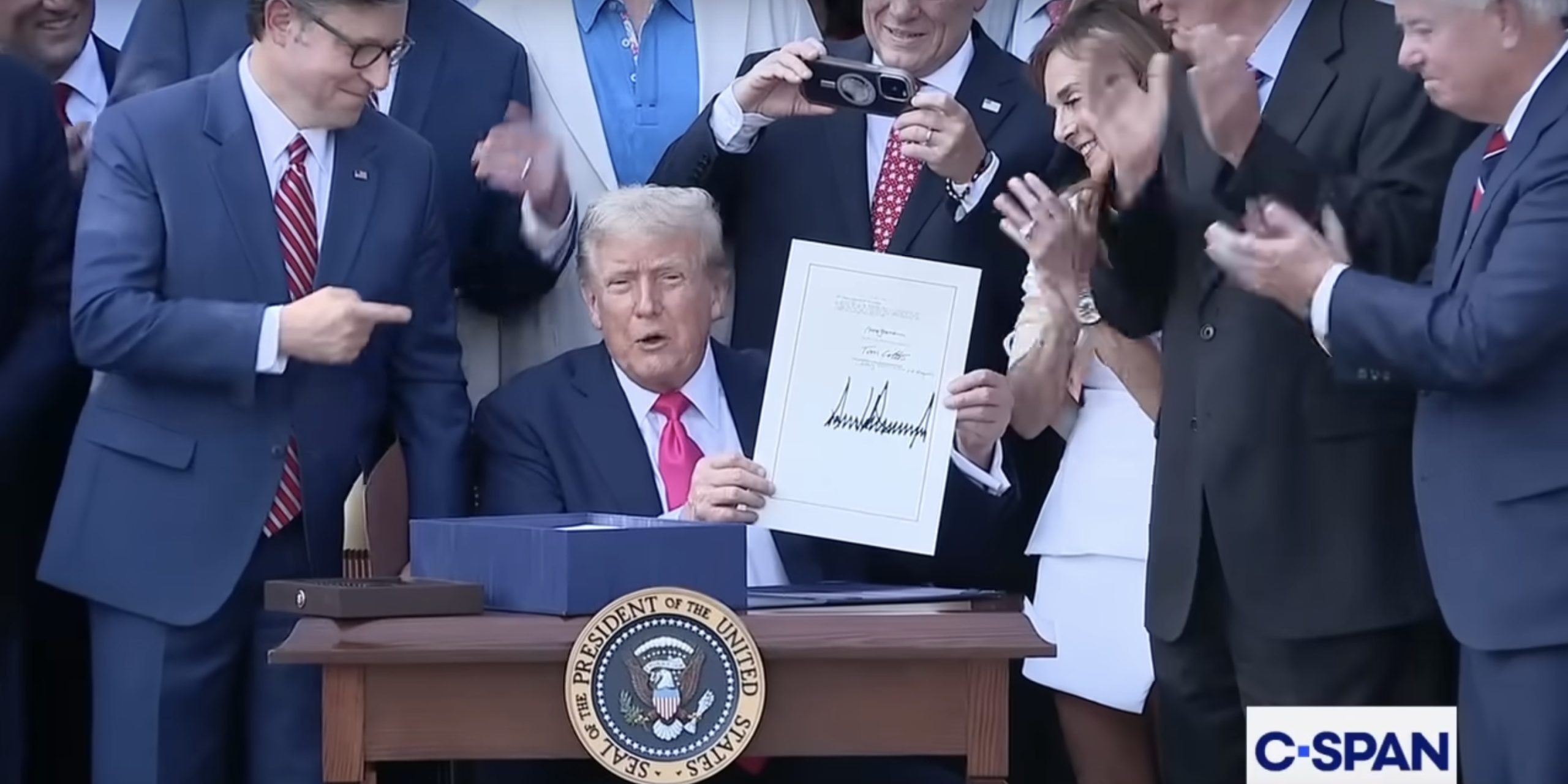 Trump Signs Budget Bill, July 4, 2025. Screenshot via C-SPAN