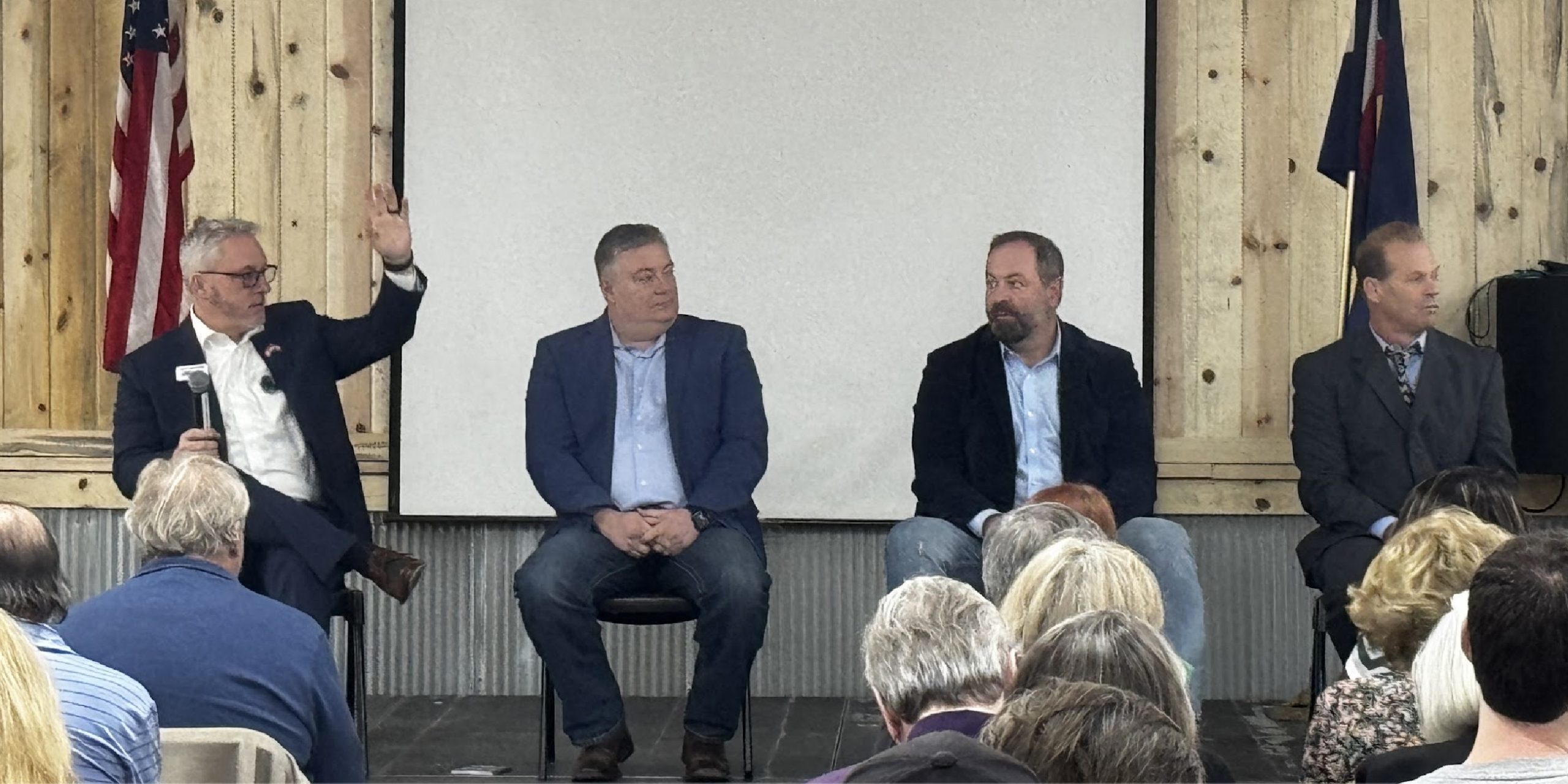 Scott Bottoms, Jason Mikesell, Joe Oltmann, and Jason Clark at DougCo GOP Gov Forum, Feb. 6, 2025. Photo: Suzie Glassman
