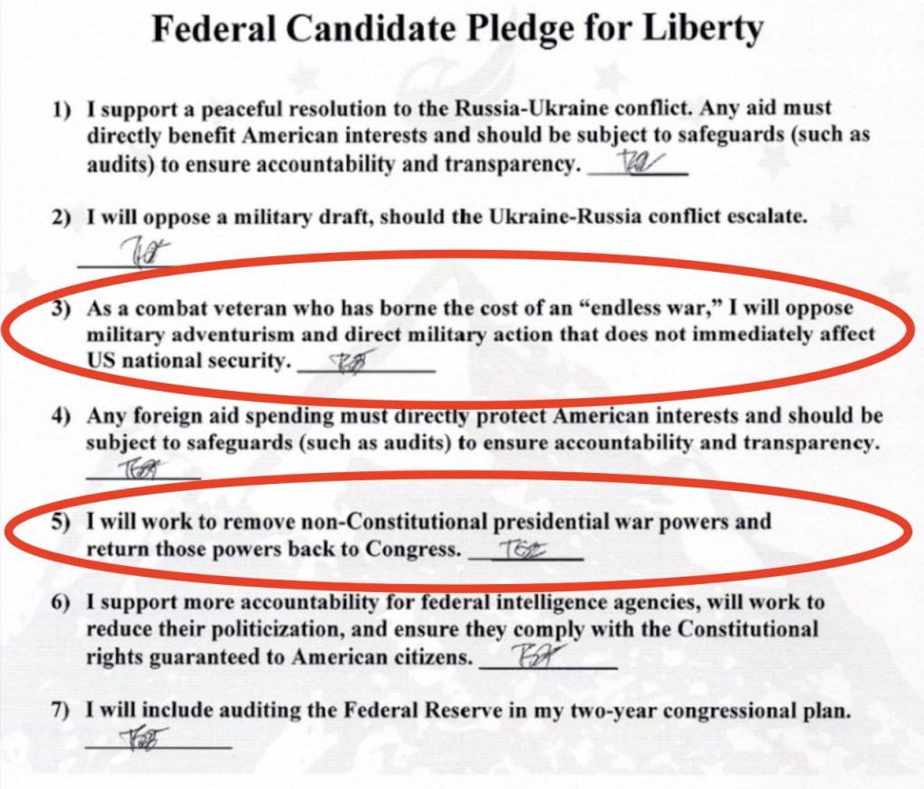 Congressman Gabe Evans' signed pledge for the Libertarian Party of Colorado, planks 1-7