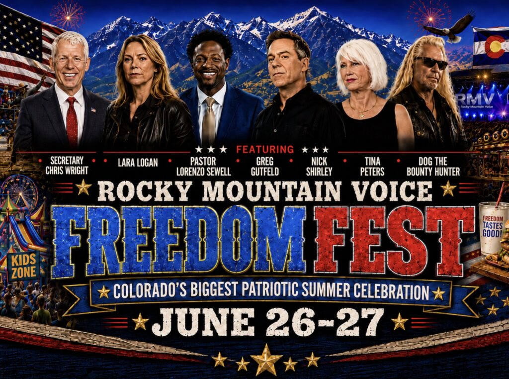 Rocky Mountain Voice Freedom Fest banner feat. Tina Peters, Chris Wright, Lara Logan