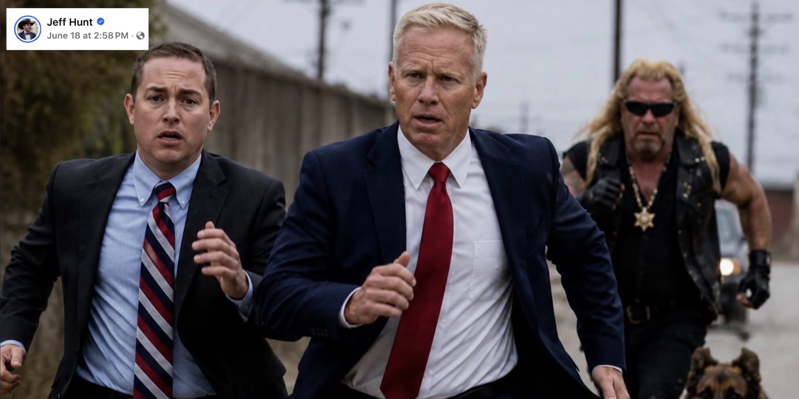 AI-generated image of DAs Michael Allen & George Brauchler chased by Dog the Bounty Hunter. Image created by Jeff Hunt