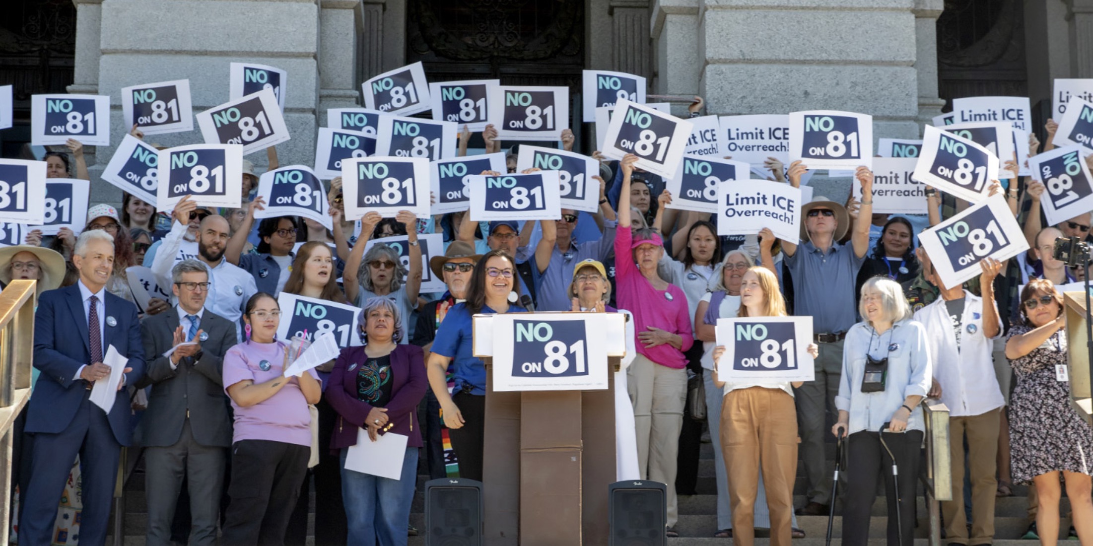 Opponents of Amendment 81, a pro-ICE ballot measure, kick off their NO on 81 campaign at the state Capitol. Sept 10, 2026. Photo: Beth Schneider.